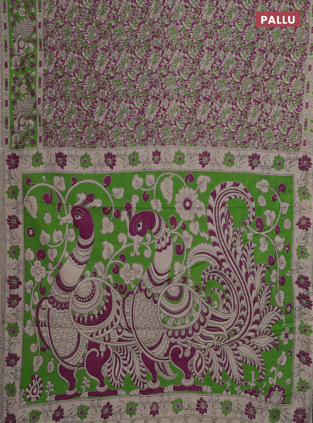 Kalamkari cotton saree pink and light green with allover prints and printed border