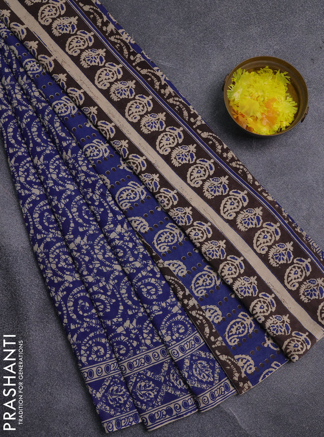 Kalamkari cotton saree blue and beige with allover batik prints and printed border