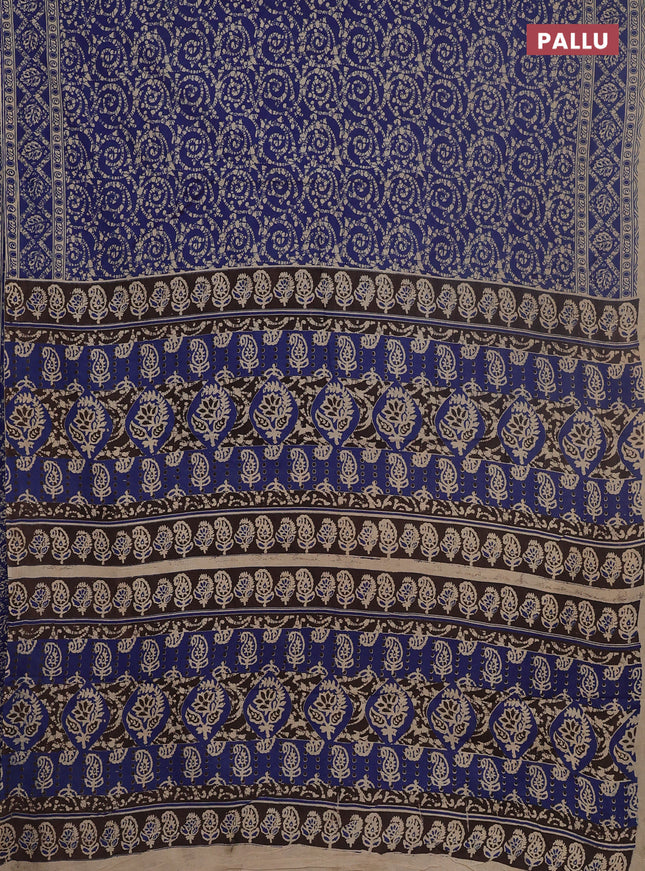 Kalamkari cotton saree blue and beige with allover batik prints and printed border