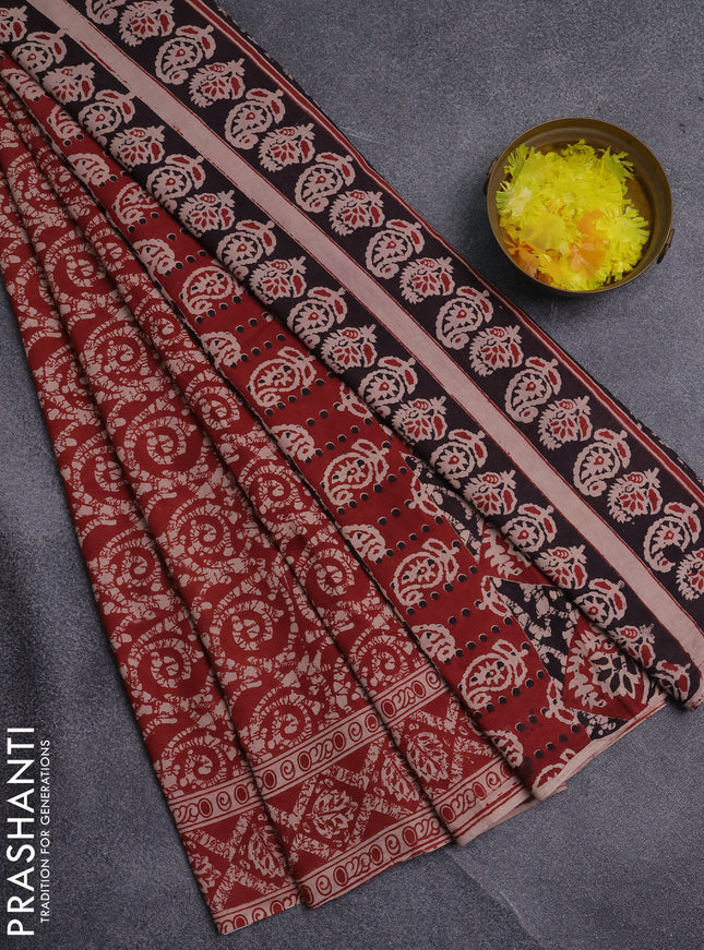 Kalamkari cotton saree maroon and beige with allover batik prints and printed border