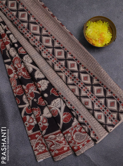 Kalamkari cotton saree black and maroon with allover prints and printed border