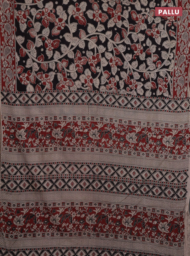 Kalamkari cotton saree black and maroon with allover prints and printed border