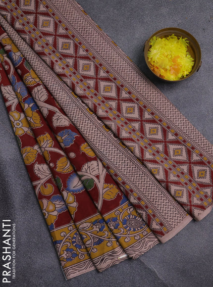 Kalamkari cotton saree maroon and yellow with allover prints and printed border