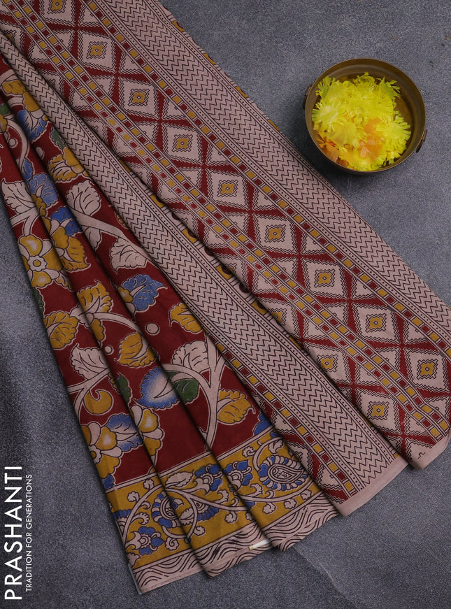 Kalamkari cotton saree maroon and yellow with allover prints and printed border