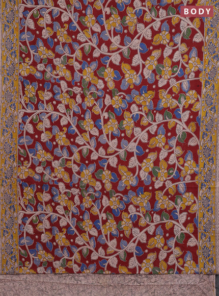 Kalamkari cotton saree maroon and yellow with allover prints and printed border