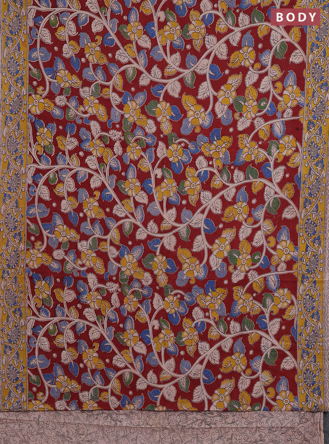 Kalamkari cotton saree maroon and yellow with allover prints and printed border