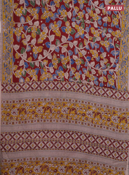 Kalamkari cotton saree maroon and yellow with allover prints and printed border