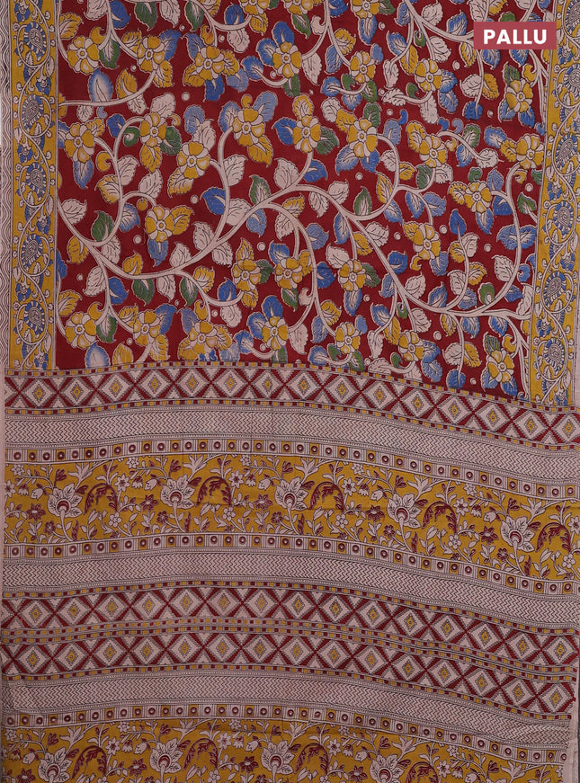 Kalamkari cotton saree maroon and yellow with allover prints and printed border