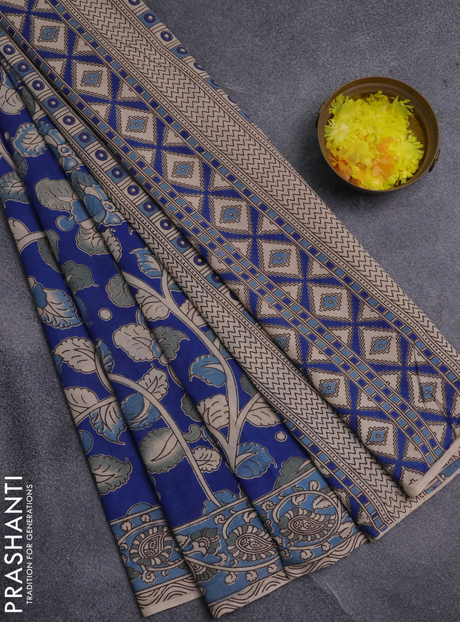 Kalamkari cotton saree cs blue and blue with allover prints and printed border