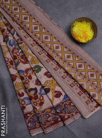 Kalamkari cotton saree beige and maroon with allover prints and printed border
