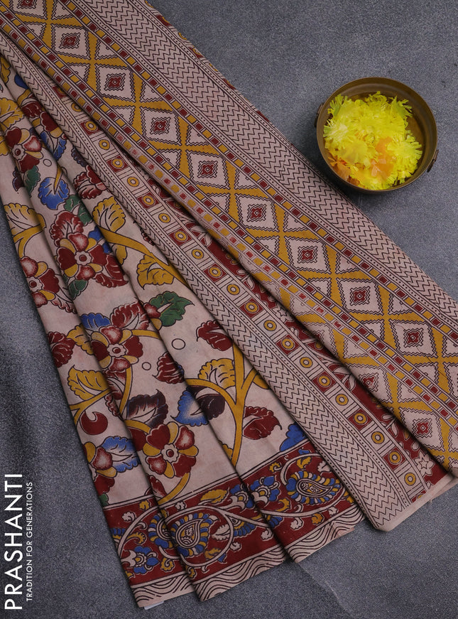 Kalamkari cotton saree beige and maroon with allover prints and printed border