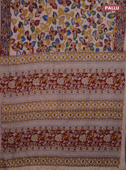 Kalamkari cotton saree beige and maroon with allover prints and printed border