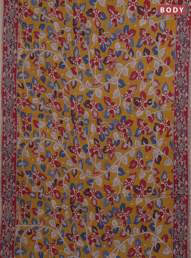 Kalamkari cotton saree mustard yellow and red with allover prints and printed border