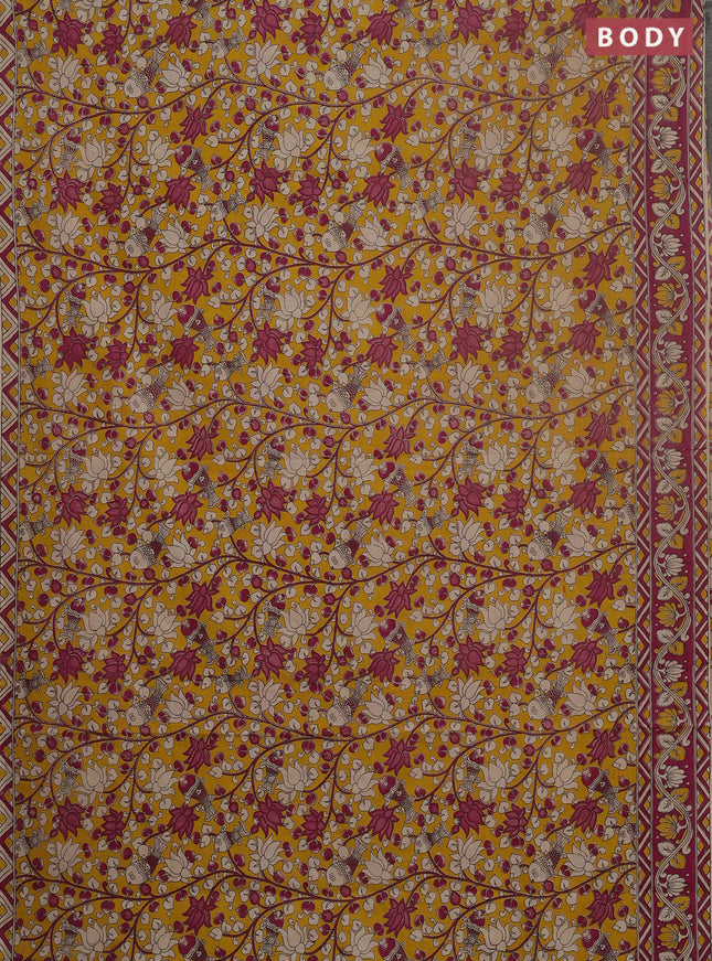 Kalamkari cotton saree yellow and pink with allover prints and printed border