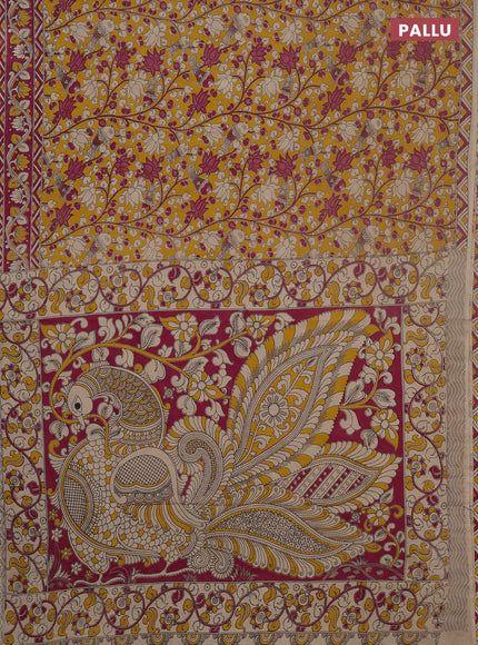 Kalamkari cotton saree yellow and pink with allover prints and printed border