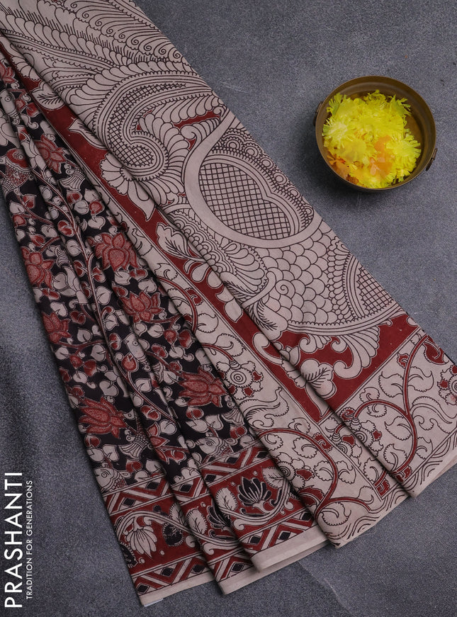 Kalamkari cotton saree black and maroon with allover prints and printed border
