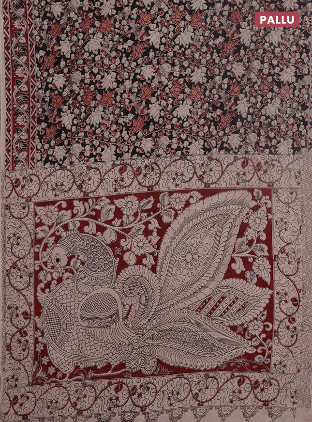 Kalamkari cotton saree black and maroon with allover prints and printed border