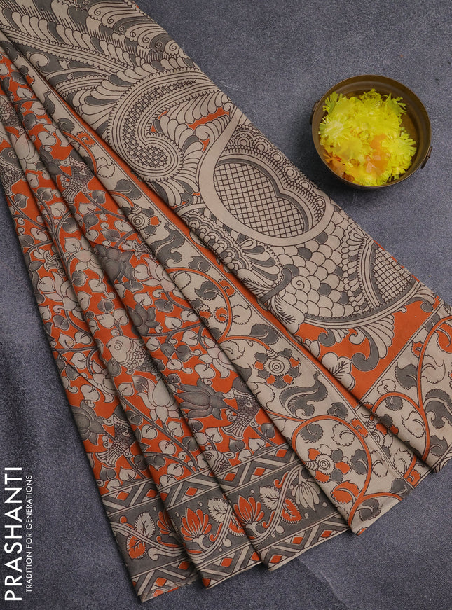 Kalamkari cotton saree orange and grey with allover prints and printed border