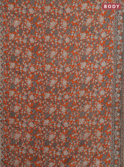 Kalamkari cotton saree orange and grey with allover prints and printed border
