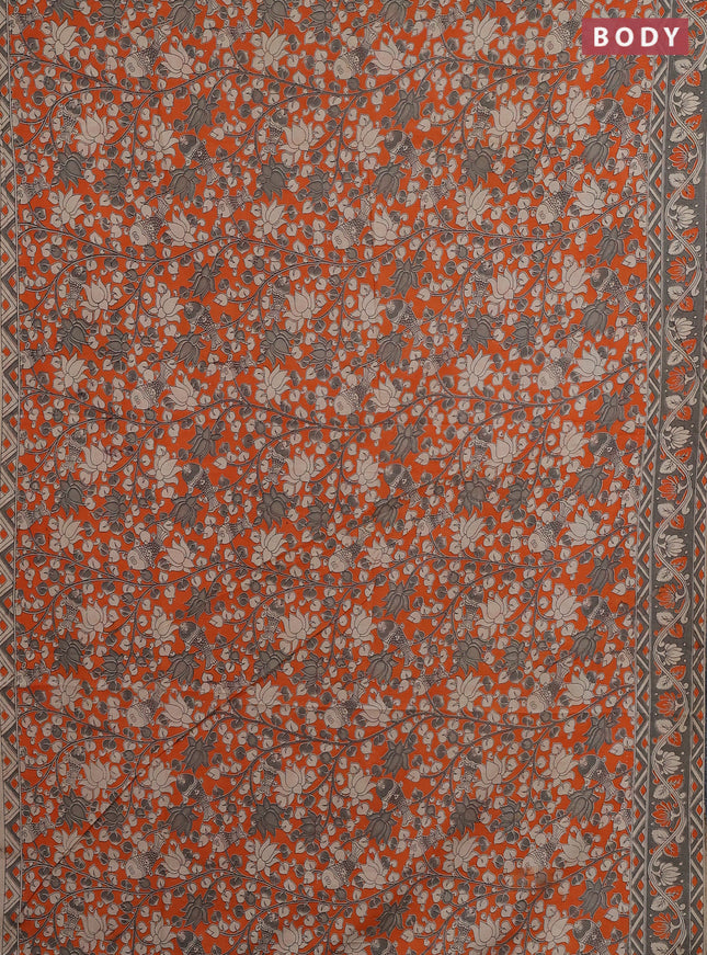 Kalamkari cotton saree orange and grey with allover prints and printed border