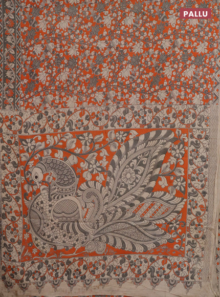 Kalamkari cotton saree orange and grey with allover prints and printed border