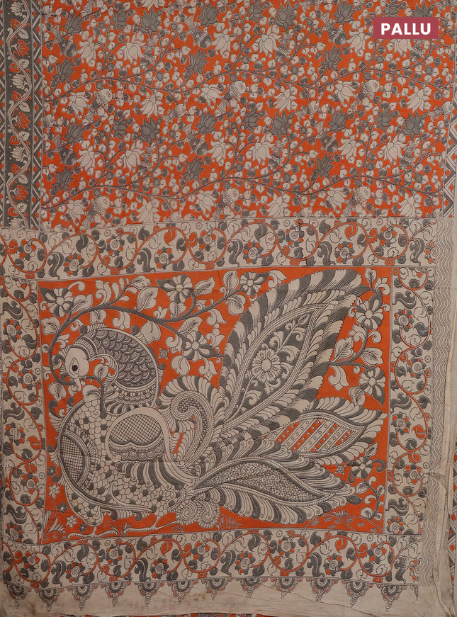 Kalamkari cotton saree orange and grey with allover prints and printed border