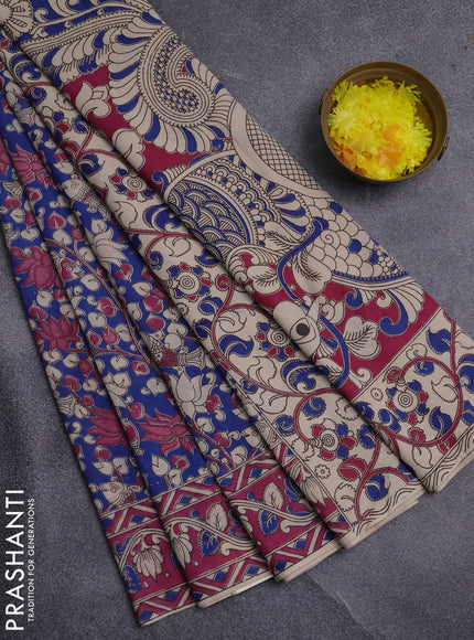 Kalamkari cotton saree blue and pink with allover prints and printed border