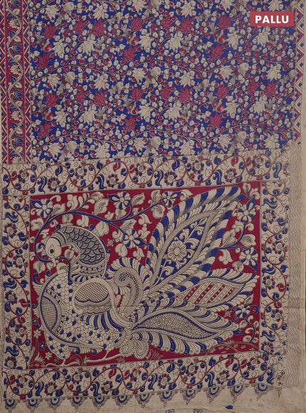 Kalamkari cotton saree blue and pink with allover prints and printed border