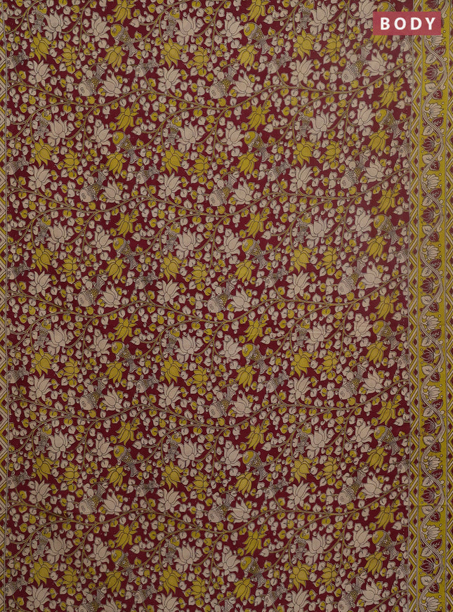 Kalamkari cotton saree wine shade and light green with allover prints and printed border