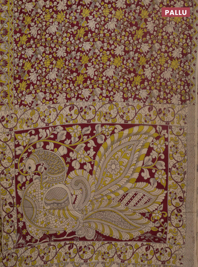 Kalamkari cotton saree wine shade and light green with allover prints and printed border