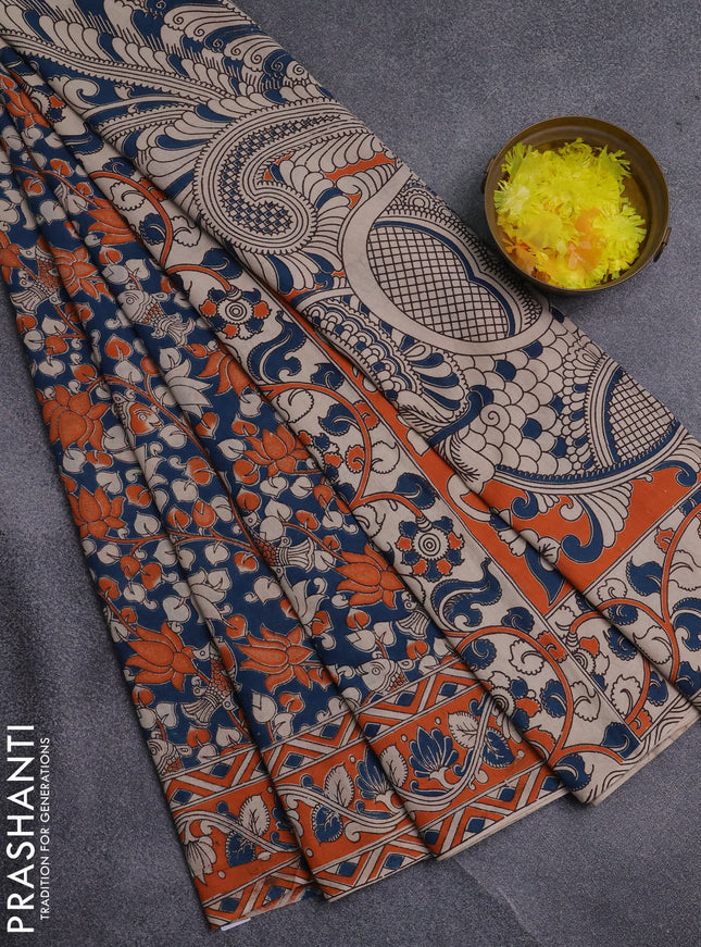 Kalamkari cotton saree teal green and orange with allover prints and printed border
