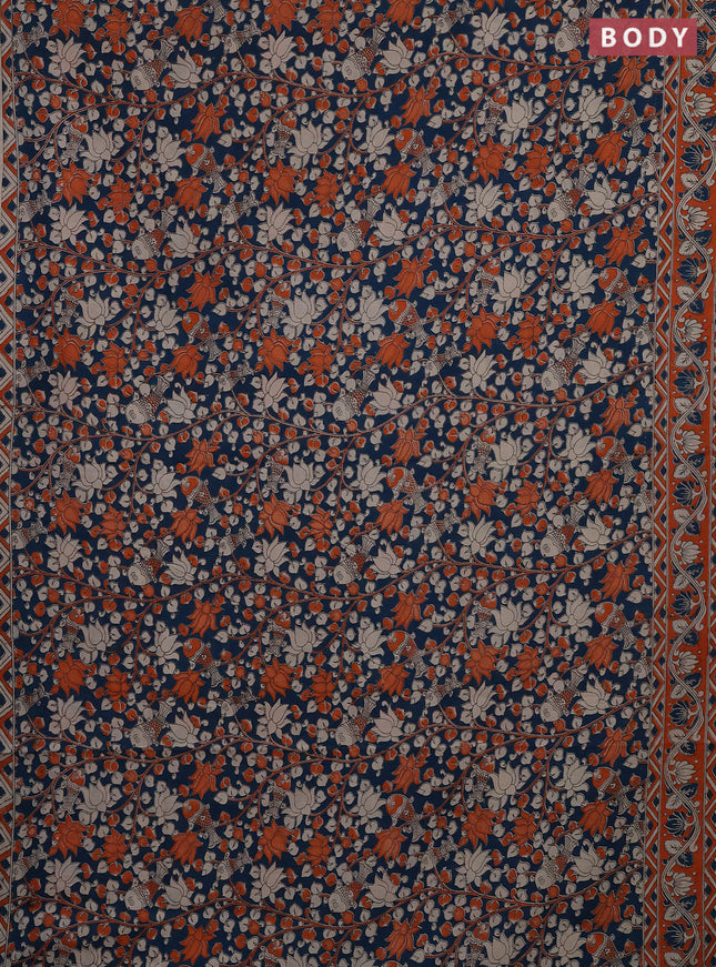 Kalamkari cotton saree teal green and orange with allover prints and printed border