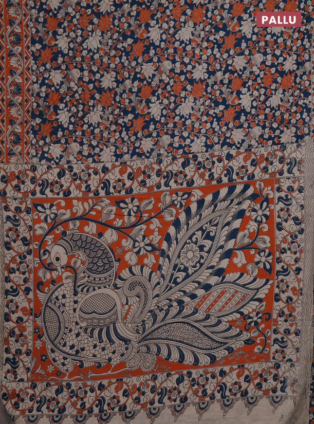Kalamkari cotton saree teal green and orange with allover prints and printed border
