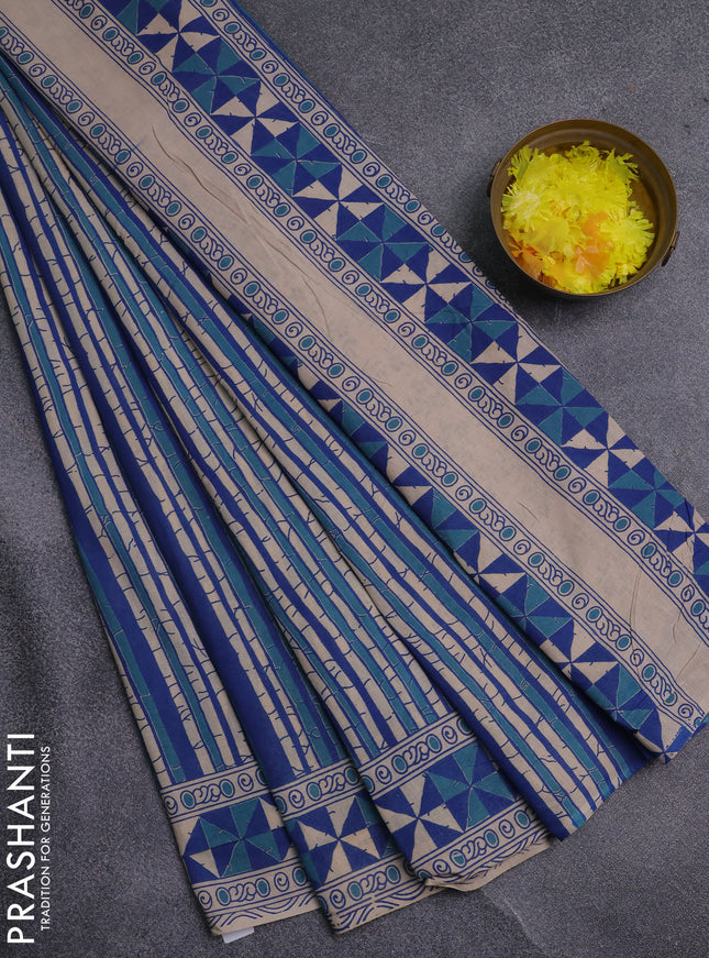 Kalamkari cotton saree blue and beige with allover prints and printed border