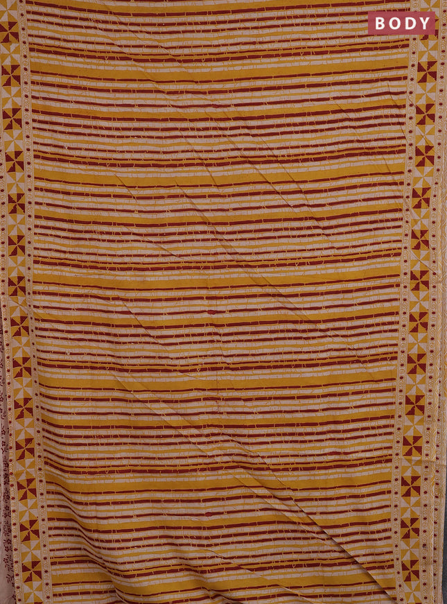 Kalamkari cotton saree yellow and maroon with allover prints and printed border