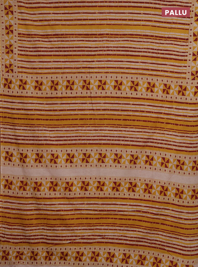 Kalamkari cotton saree yellow and maroon with allover prints and printed border