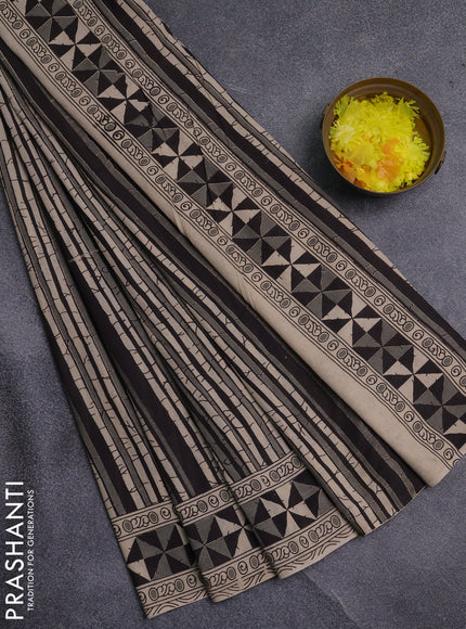 Kalamkari cotton saree black and beige with allover prints and printed border