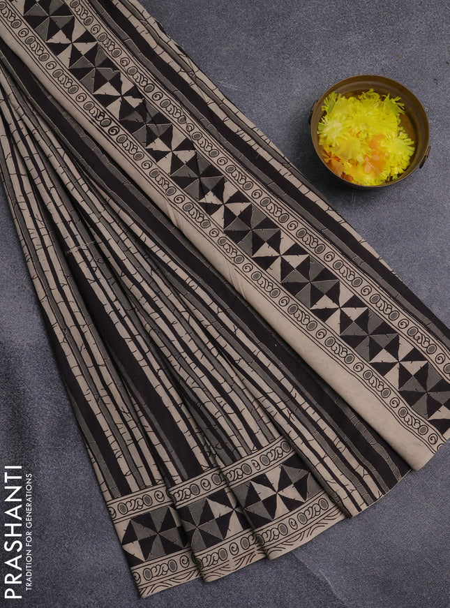 Kalamkari cotton saree black and beige with allover prints and printed border
