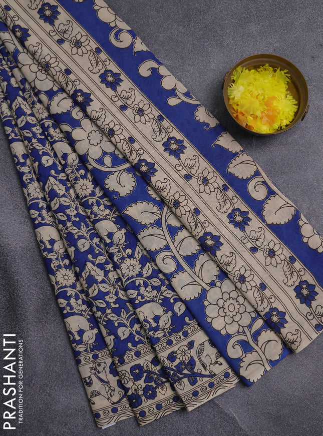 Kalamkari cotton saree blue and beige with allover prints and pichwai printed border