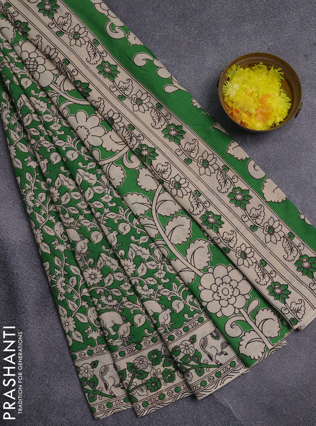 Kalamkari cotton saree green and beige with allover prints and pichwai printed border