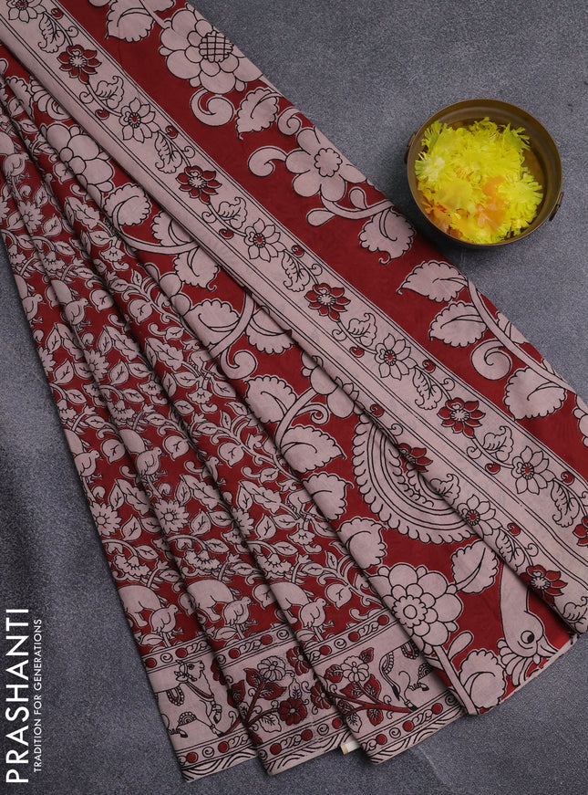 Kalamkari cotton saree maroon and beige with allover prints and pichwai printed border