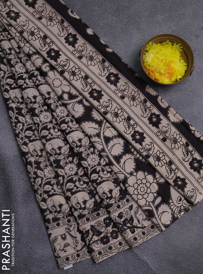 Kalamkari cotton saree black and beige with allover prints and pichwai printed border