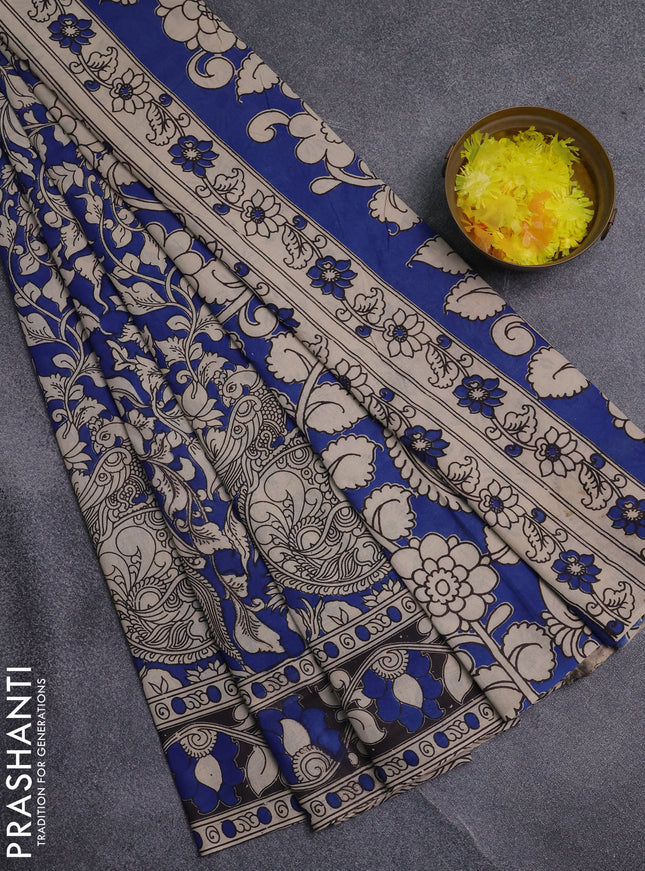 Kalamkari cotton saree blue and black with allover prints and printed border
