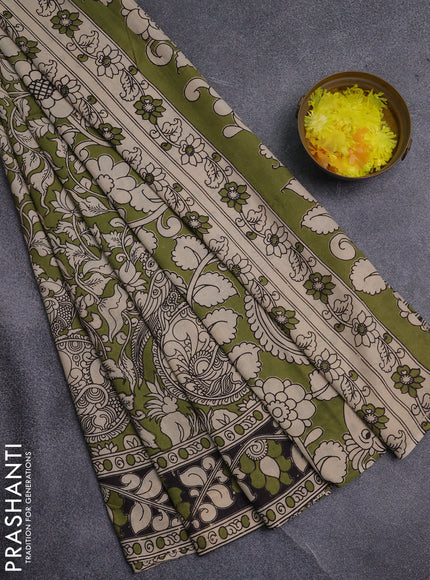 Kalamkari cotton saree mehendi green and black with allover prints and printed border