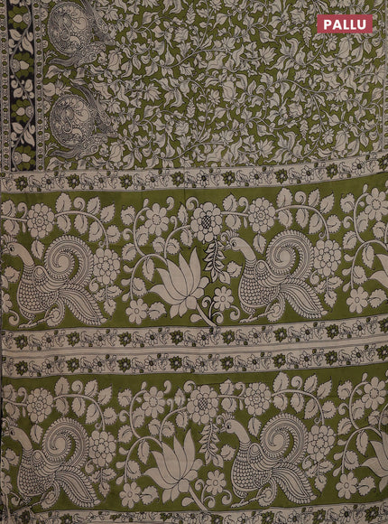 Kalamkari cotton saree mehendi green and black with allover prints and printed border