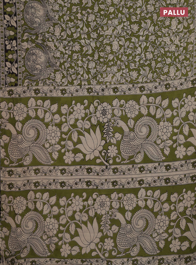 Kalamkari cotton saree mehendi green and black with allover prints and printed border