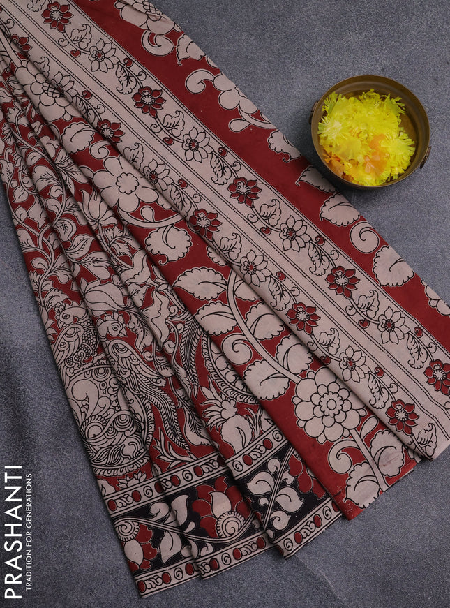 Kalamkari cotton saree maroon and black with allover prints and printed border