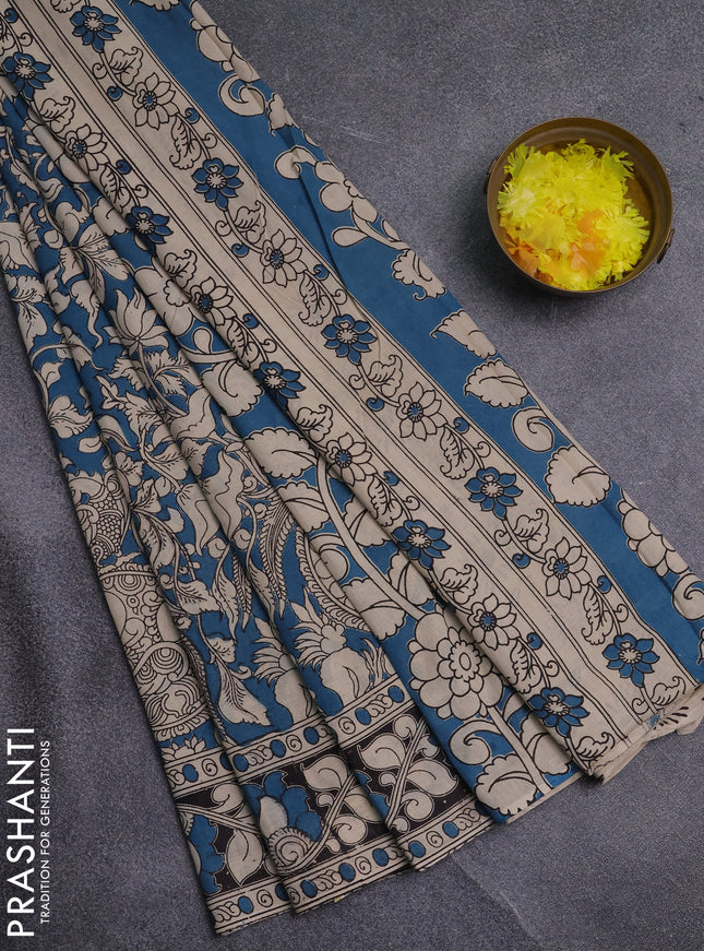 Kalamkari cotton saree green and beige with allover prints and printed border