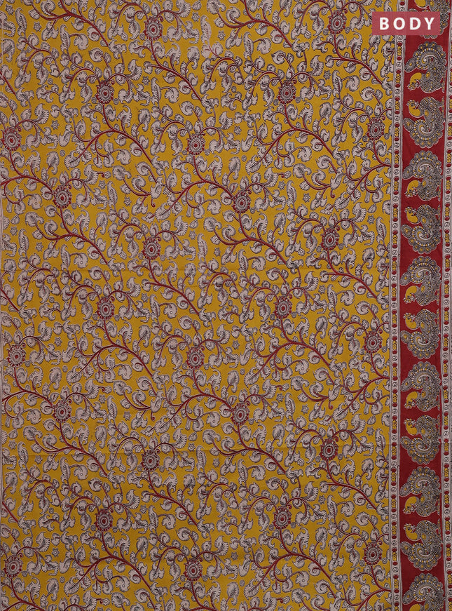 Kalamkari cotton saree yellow and maroon with allover prints and printed border