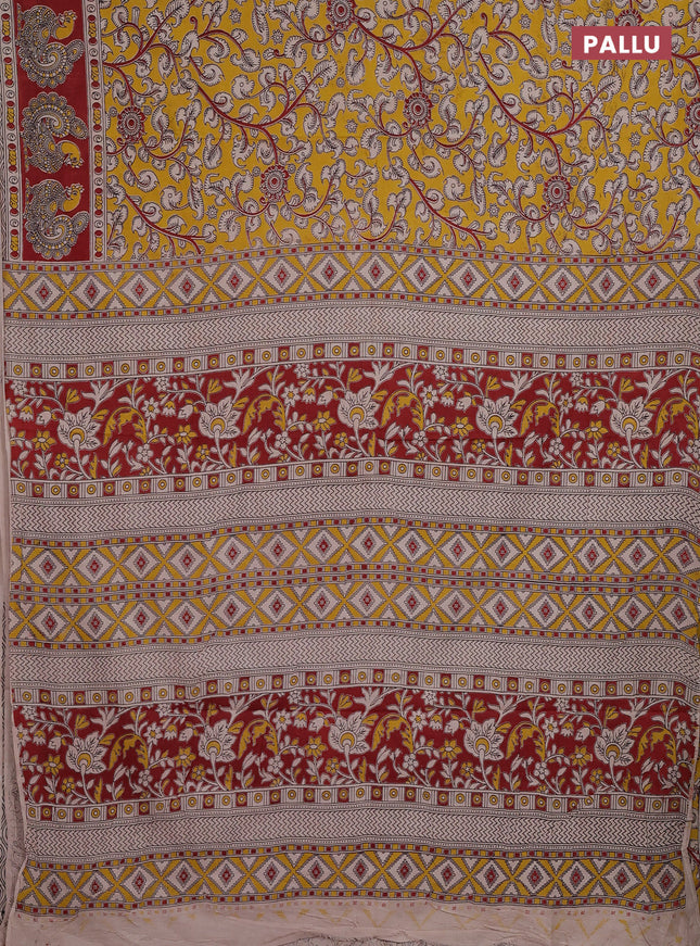 Kalamkari cotton saree yellow and maroon with allover prints and printed border